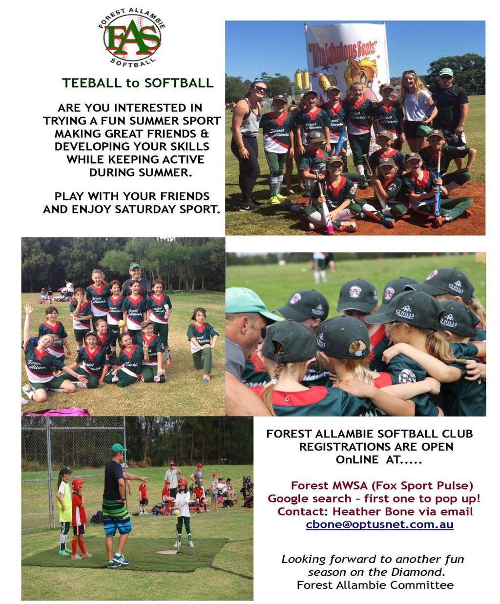 PAGE 7 KINDERGARTEN TO YEAR 1 COME AND PLAY TEE BALL Forest Allambie Softball is the club all the Belrose girls play for. They are now recruiting for a Tee Ball to Softball team.