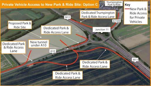 Dedicated slip roads to access/exit the P&R site so that vehicles do not need to turn right across the A10 A junction at the entrance to the site on the A10 for left