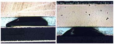 Effect of a solder mask (SMD) or venting channel (NSMD) on void average. Figure 14. Comparison of the solder layer thickness for NSMD (venting channel) and SMD systems.