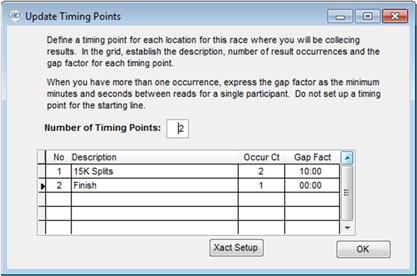 Use the Xact Setup button to define the details needed by Xact. You are always given the option for the Start whether or not your race collects start times.