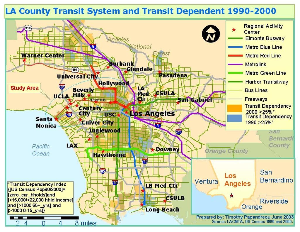 1990-2000 Change in Transit Dependency and Transit Infrastructure. The areas identified as Transit Dependent have shifted north and west, in the San Fernando Valley.