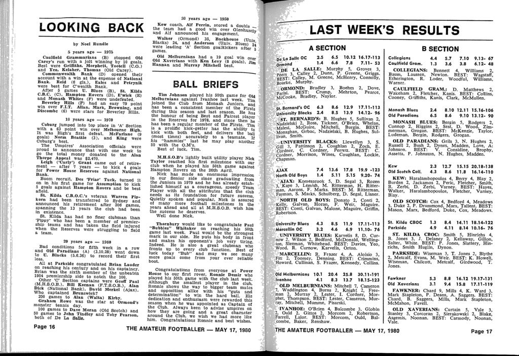 LOOKING by Noel Rundle BAC K 5 years ago - 197 5 Caulfield Grammarians (B) stopped Old Carey's run with a jolt winning by 10 goals Best were Griffiths, Morphett, Tootell (CG ) and Yee, Kelaher,