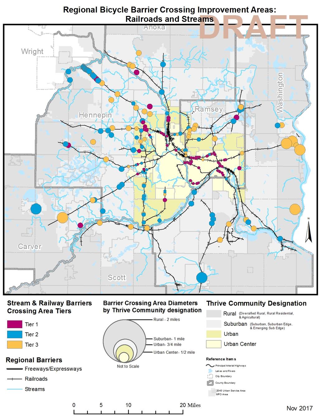 Figure xx: Regional Barrier Crossing Improvement Areas: Streams and Railroads 2040