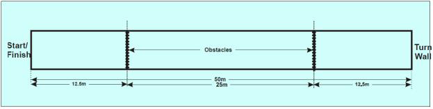 200m Swim with Obstacles Age Group: Composition: Gender: U16, U19, Open Individual Male and Female Description of the Event With a dive entry on an acoustic signal, the competitor swims the 200m