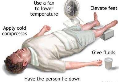 HEAT STROKE SYMPTOMS: Skin very hot (>40 C), dry & red, thirsty, nauseous, headache, cramps, palpitations, rapid and shallow breathing, confusion or unconsciousness.