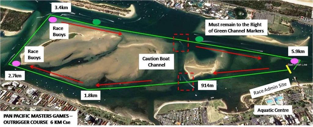 Juniors 16U OC6 6 KM Starting in line with the Gold Coast Aquatic Centre, turning in front of wave break island, coming back down the western side of the channel markers back to start line after
