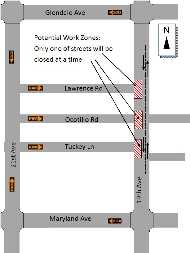 Lawrence, Ocotillo and Tuckey Closures at 19th Avenue Utilities Installation During the Utilities (underground) construction portion of the project, the above streets will be closed periodically.