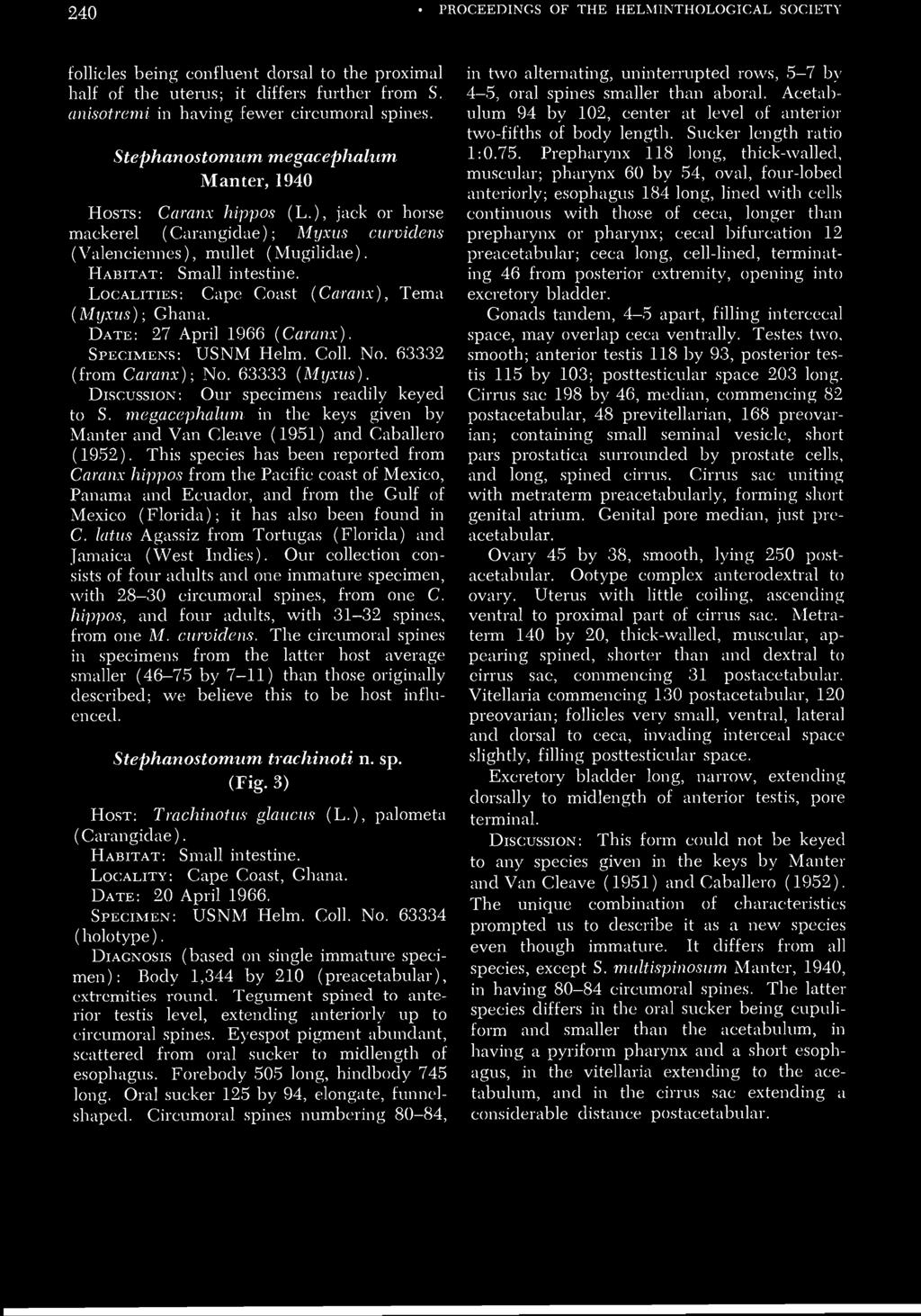 LOCALITIES: Cape Coast (Caranx), Tema (Myxus); Ghana. DATE: 27 April 1966 (Caranx). SPECIMENS: USNM Helm. Coll. No. 63332 (from Caranx); No. 63333 (Myxus).
