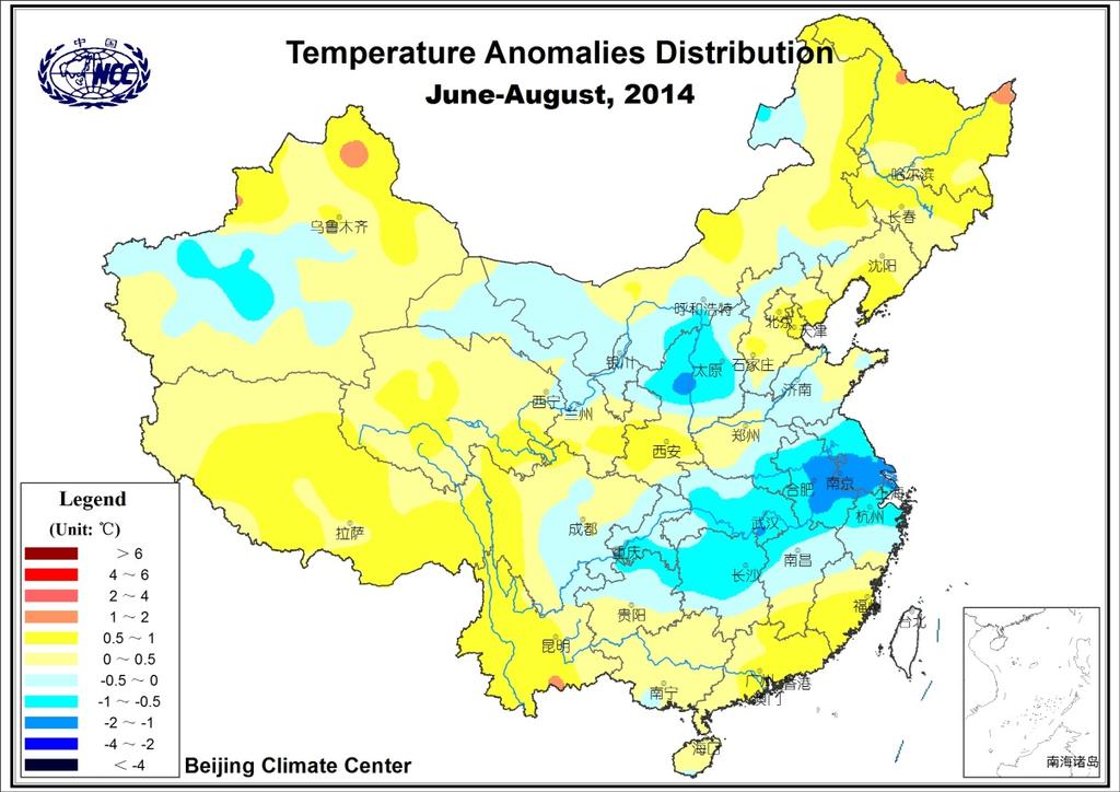 The mean temperature over China was slightly higher than normal, but lower in