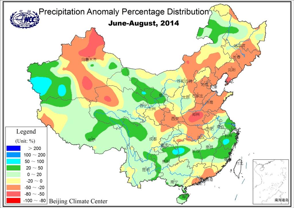 Time series of summer precipitation over China (1961-2014) Precipitation in the northern China was obviously less than normal: Northeast China