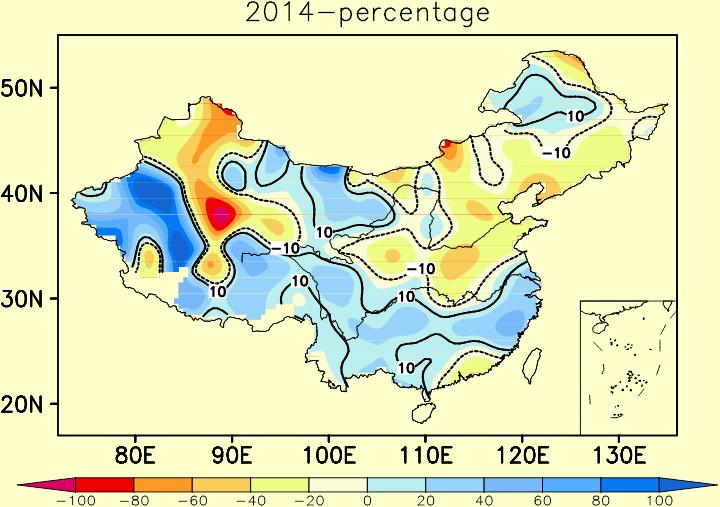 Overall, during summer of 2014,total precipitation over eastern China showed more in South and less in North feature. Statistics Table1.