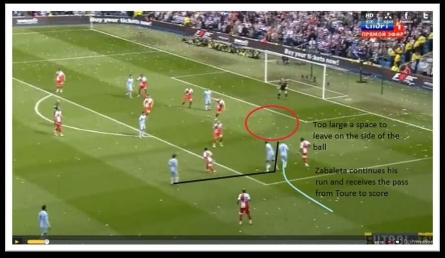 Toure makes a diagonal run behind the QPR defender for Silva to pass into space.