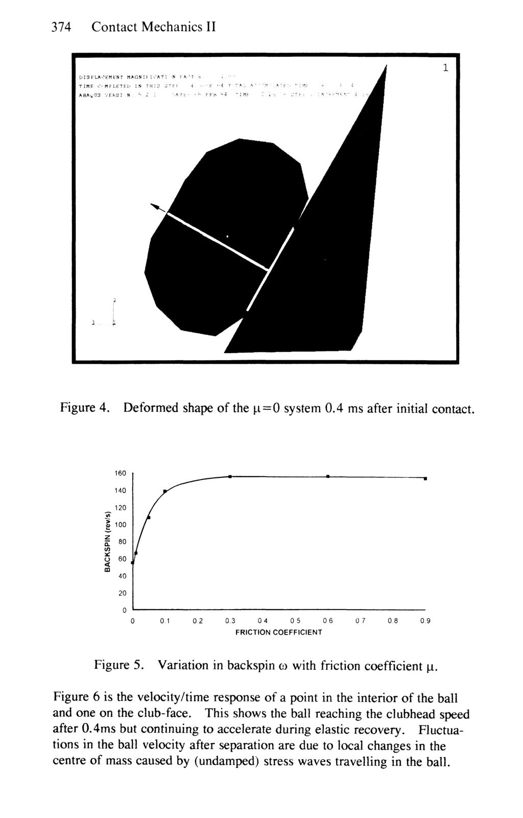 374 Contact Mechanics II Figure 4. Deformed shape of the ji=0 system 0.4 ms after initial contact. 160 140 _ 120 j/» 100 1 80 (/) O 60 CO 40 20 0 0.3 0.4 05 06 FRICTION COEFFICIENT Figure 5.