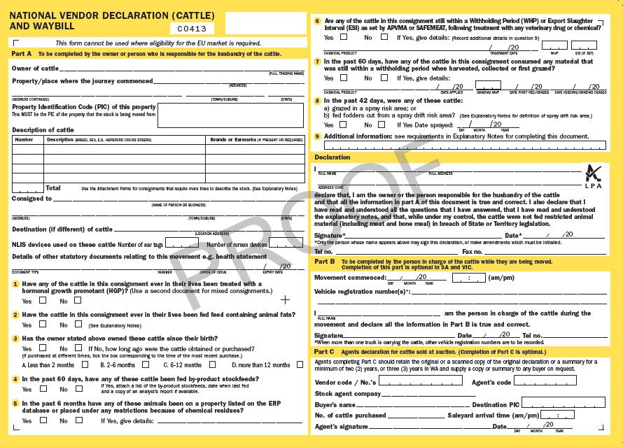 27. SAMPLE NATIONAL VENDOR DECLARATION FORM (NVD AND MSA) Please ensure you complete your NVD correctly. NVD s MUST be presented at weigh in of animals.