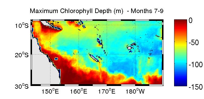 surface chlorophyll (mg/m 3 ) from SeaWiFS in the Coral Sea (1992-2002). Lower part: Winter surface chlorophyll a predicted by ROMS-PISCES model.