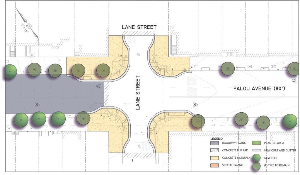 Lane Street Details 2014: new paving and curb ramps Concept: 4 pedestrian bulbouts Vision Zero: Not on list