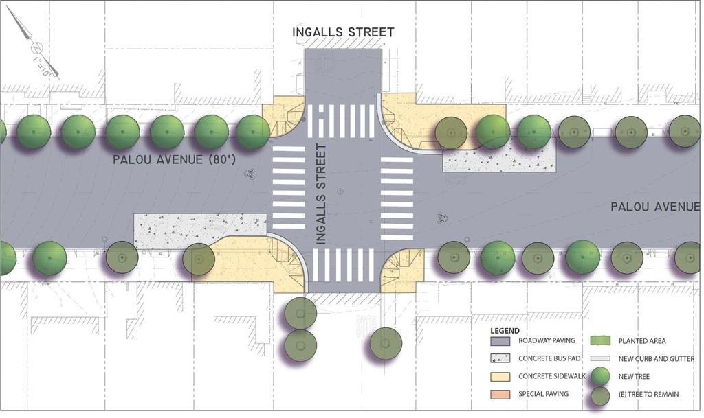 Ingalls Street Details Concept: 2 pedestrian bulbouts, 2 curb ramps Vision Zero: not on