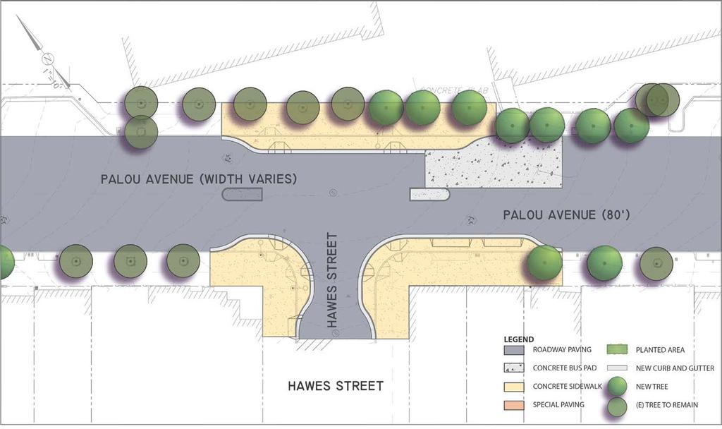 Hawes Street Details Concept: 3 bulbouts, 1 bus, 2 pedestrian, 2 median islands Vision Zero: not on