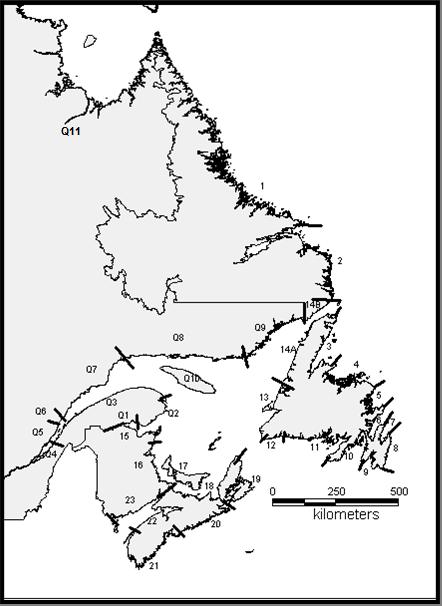 Figure 1. Salmon Fishing Areas (SFA) in eastern Canada.