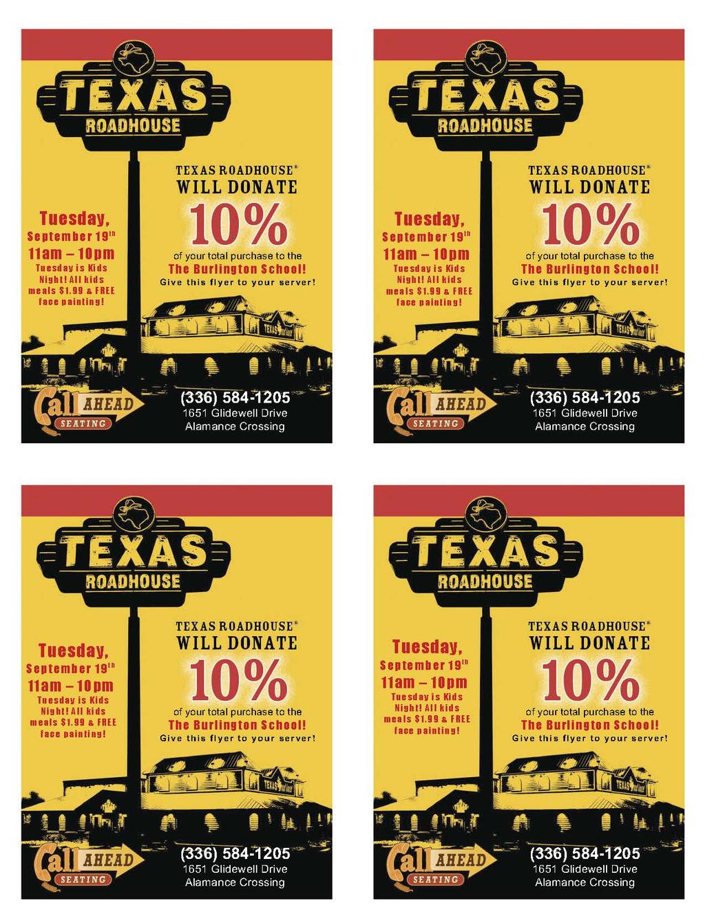SPIRIT NIGHT @ TEXAS ROADHOUSE Please join us for our first Spirit Night of the school year on Tuesday, September 19 at