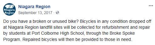 Social Media Social media posts, on Facebook and Twitter happen throughout the year reminding residents that they can drop off unwanted, damaged or bicycles in need of repair at