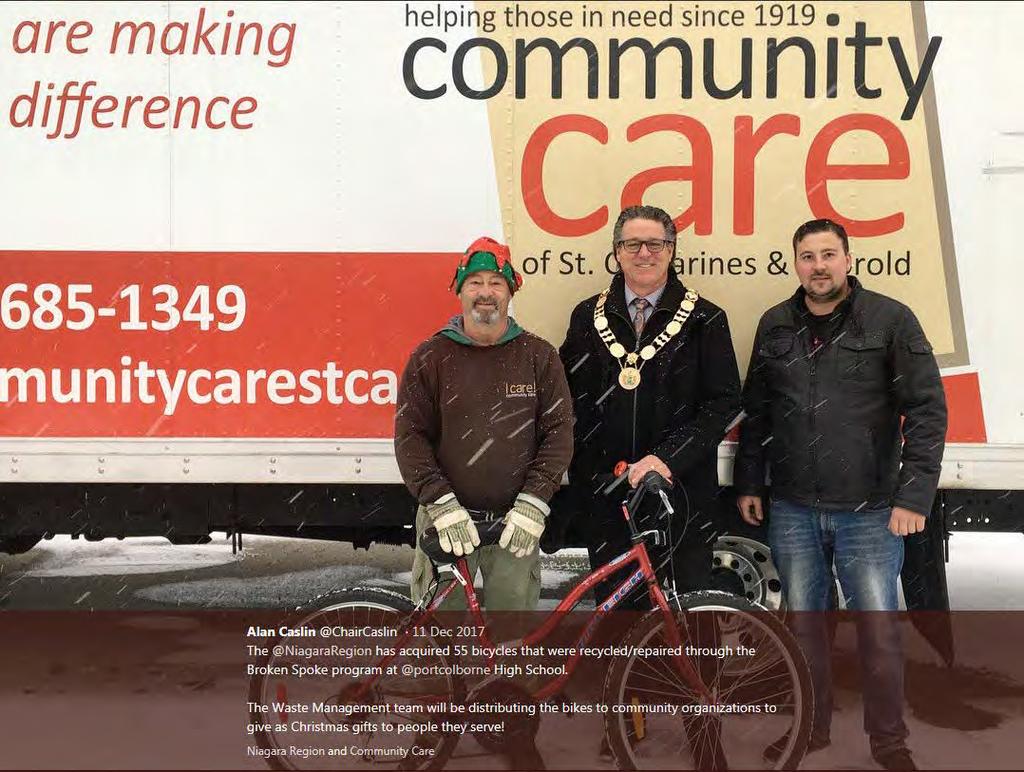 New opportunities By promoting the Recycle your Bicycle message and partnering with the Broken Spoke, Niagara Region has been able to connect likeminded people in the community with each other for