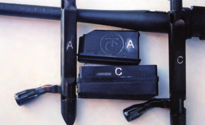 ABOVE: Components for each calibre family are marked with a different letter of the alphabet for each family bolt, magazine/ magazine housing and barrel, with the.223 and.30-06 shown here.