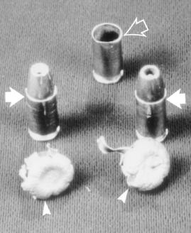 They are as follows: 1, soft-poit 0.44 magum bullet; 2 ad 3, hollow-poit 0.38 special bullet; 4 ad 5, hollow-poit semijacketed 9-mm bullet; 6, solid-poit fully jacketed 9-mm bullet; 7, 7.