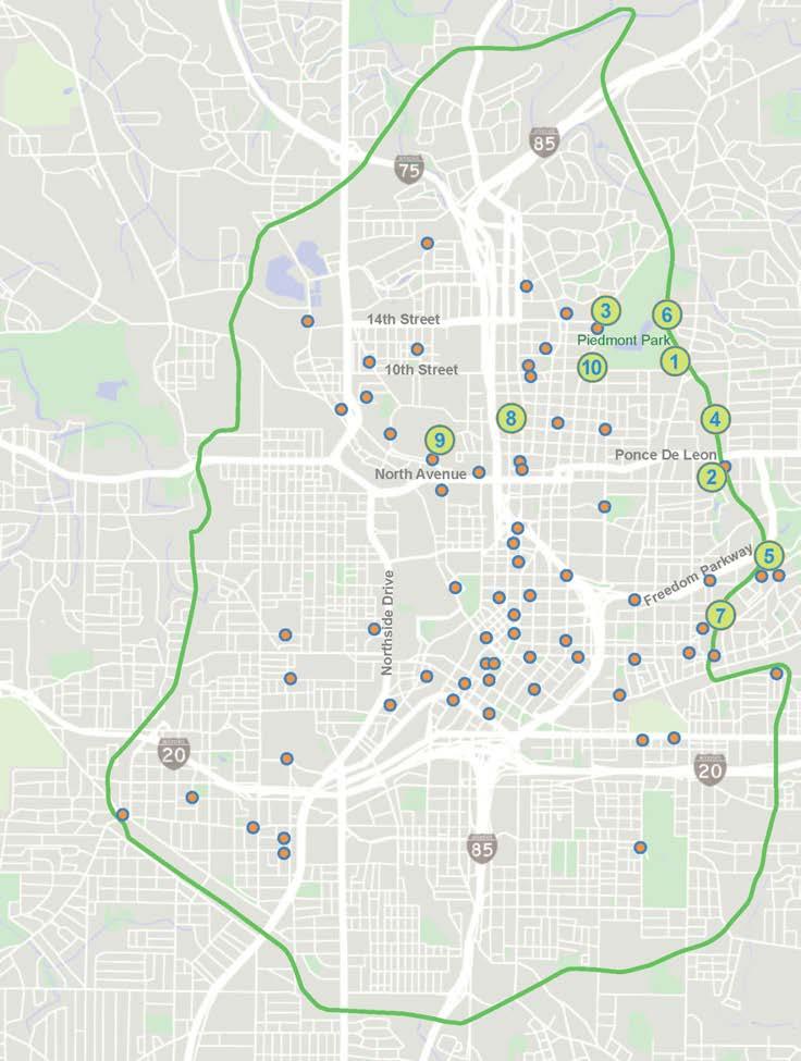 RELAY BIKE SHARE MAP Top 10 Relay Hubs Average Total Rentals per Month ATLANTIC STATION GEORGIA TECH MIDTOWN 1 Piedmont Park & Eastside BeltLine 1061 2 Historic Fourth Ward Park 773 3 Piedmont