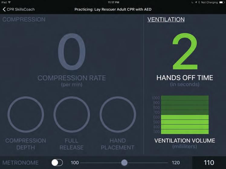 PRACTICE SCREEN: VENTILATIONS Ventilation volume and hands off time are displayed on the right side of the screen.