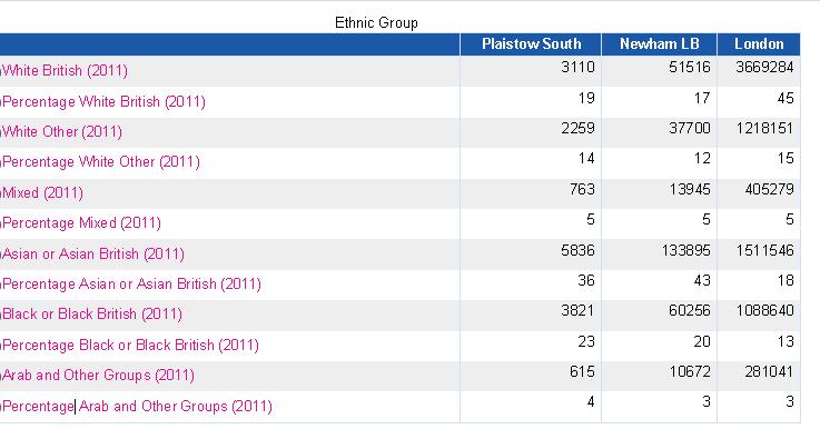 average). The proportion of people aged under 18 living in Plaistow South is the lowest for Newham at 23.7%.