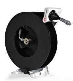 Aluminium and composite material single arm hose reel for air, water, oil, antifreeze, windshield wash fluid, high pressure hot and cold water and grease with hose capacity up to 15 m x 1/2 hose.
