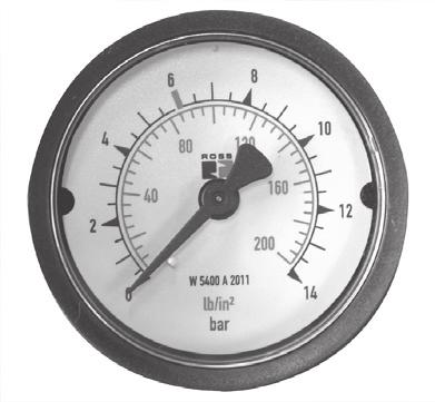 Accessories Pressure Gauges: Male pipe threads - Centre back mounting Port Model Range Housing Weight Class Size Numbers (bar) (mm) (kg) G 1/8 W5400A1002 0-11 ø 45 0.09 2.
