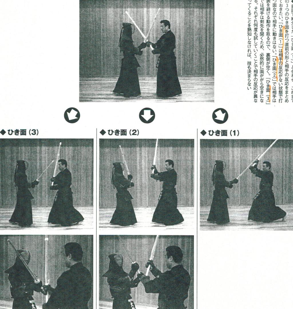 KENDO CLASSROOM ( 剣道教室 ) for Wining Kendo Waza Tsubazeriai Page 5 of 9 Summary of First Three Hiki Men Differences as to the Methods of Seme and Opponent s Reaction Note 1: The picture on the left is