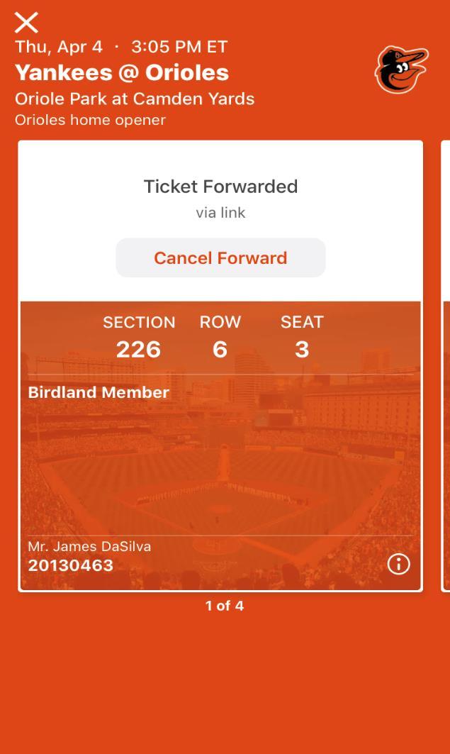 HOW TO CANCEL A TICKET FORWARD If the recipient cannot attend the game, you can cancel a forward and have the ticket reinstated as a live mobile ticket in your MLB Ballpark app.