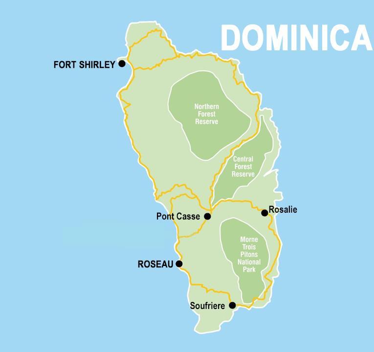 region 7000 endemic species have been estimated, although only 11.3% of the Caribbean primary vegetation remains. Figure 2. Research locations on Dominica.