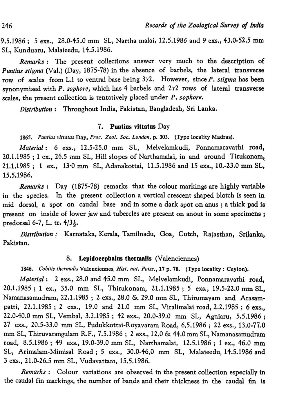246 Records of the Zoological Survey of India 9.5.1986; 5 exs., 28.0-45.0 mm SL, Nartha malai, 12.5.1986 and 9 exs., 43.0-52.5 mm SL, Kunduaru, Malaieedu, 14.5.1986. Remarks: The present collections answer very much to the description of Puntius stigma (Val.