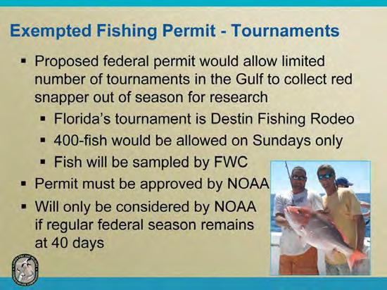 The Gulf Council recommended that NOAA Fisheries approve an Exempted Fishing Permit that would allow a limited number of pre-identified fishing tournaments in Gulf coast states to have harvest tags
