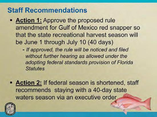 Staff recommends for Action 1 - adopting a Gulf recreational red snapper season that lasts 40 days (June 1 through July 10), which is consistent with proposed federal regulations using the process of