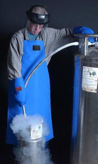 When working with cryogenic liquids, ensure that equipment is scrupulously clean. Greases, waxes or other impurities could react with the liquid/gas or condensed room oxygen to cause a fire.