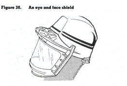 Examples of eye and face protection include safety glasses, safety goggles (figure 29) and face shields used to protect against corrosive liquids, solids and vapours, and other foreign bodies
