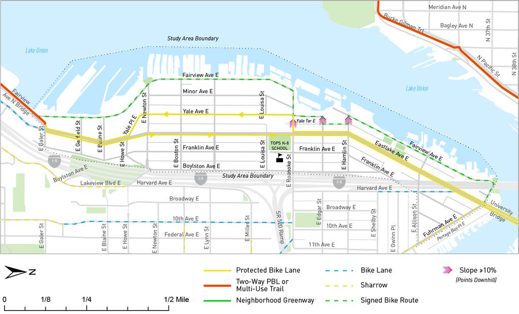 Bicycle facility analysis Option 5: NB PBL on Eastlake; SB PBL on Yale Adds a NB PBL on Eastlake Ave E and a SB PBL on Yale Ave E between E Roanoke St and E Howe St Adds PBLs on both sides of