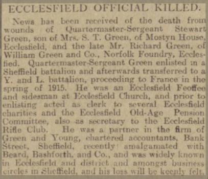CO QUARTERMASTER SERGEANT STEWART GREEN 4 TH BATTALION YORK AND LANCASTER REGIMENT. Died of wounds 17 th December 1917. aged 35 Son of Richard and Susan Tofield Green, Mostyn House, Ecclesfield.