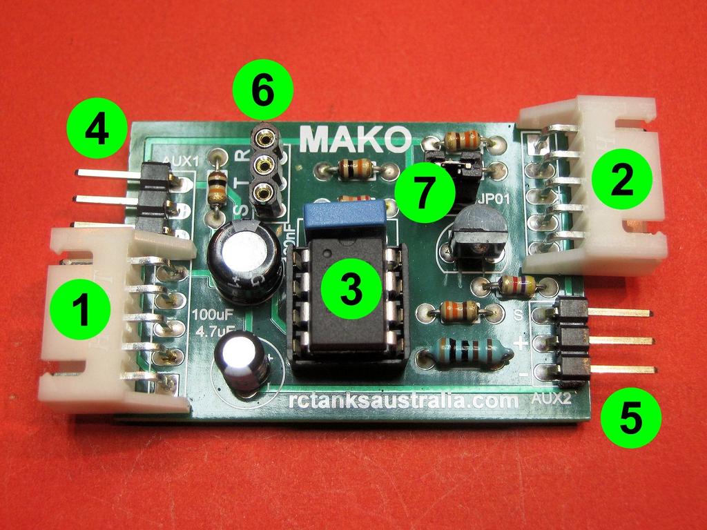 2.1 AT A GLANCE: 1. The input connector for the MAKO. Plug the extension cable into this connector and the other end into the IR port of the RX-18. 2. The output connector for the MAKO.