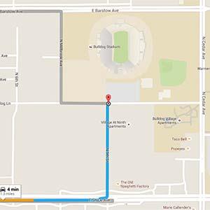 3 miles Approximate Travel Time: 4 mins Head east on Shaw Avenue Turn left on First Street