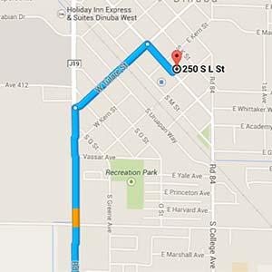Drive and turn right onto Plaza Drive Continue on Road 80 / Alta Avenue for 11 miles Turn right on Tulare