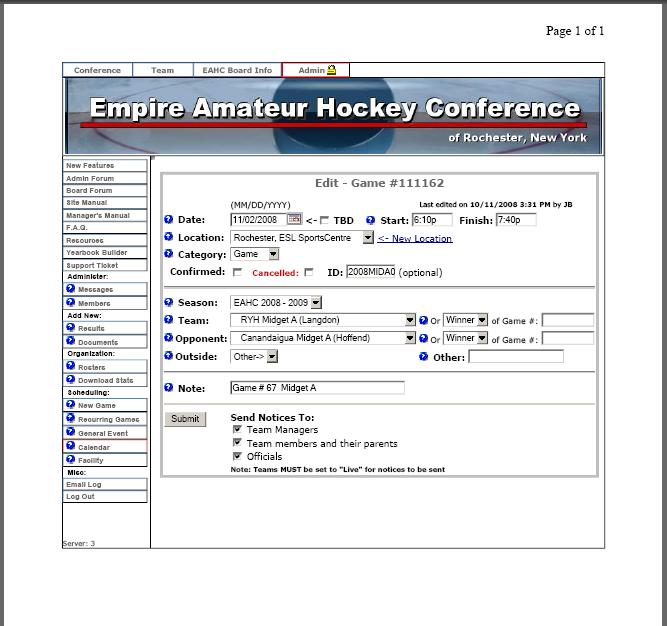 Figure 2 Edit Game Information WEBSITE ACTIVITY #3: Entering Results & Statistics for Games once Scoresheets are Received By Commissioners These instructions should be applicable to all teams within