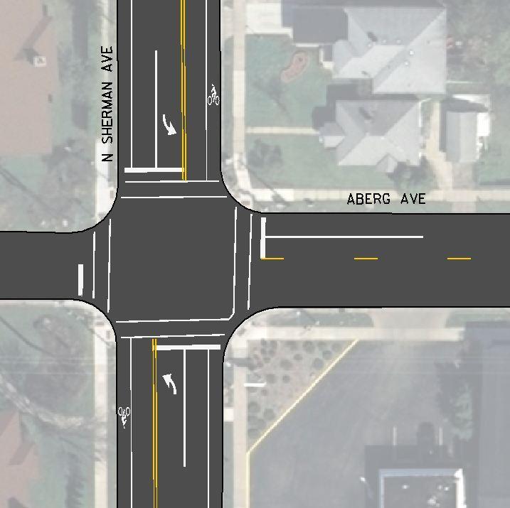 Figure 3. Existing markings (left) and proposed TWLTL markings (right) at Aberg Ave & Sherman Ave intersection.