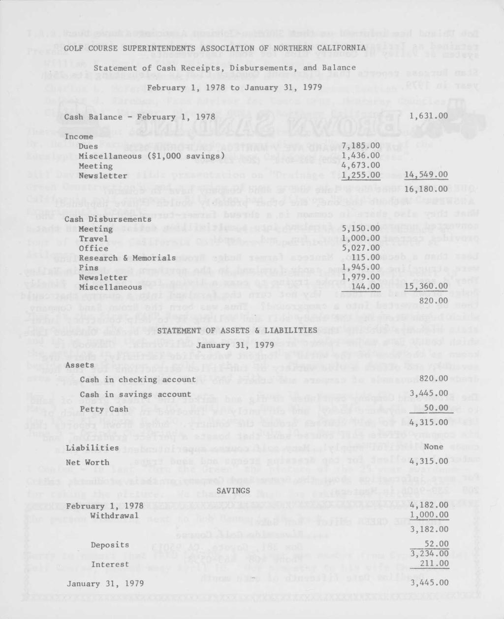 GOLF COURSE SUPERINTENDENTS ASSOCIATION OF NORTHERN CALIFORNIA Statement of Cash Receipts, Disbursements, and Balance February 1, 1978 to January 31, 1979 Cash Balance - February 1, 1978 Income Dues