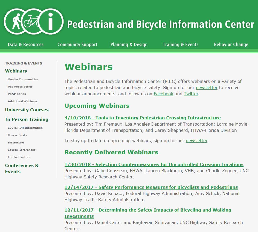 Webinars and News Find upcoming webinars and webinar archives at pedbikeinfo.